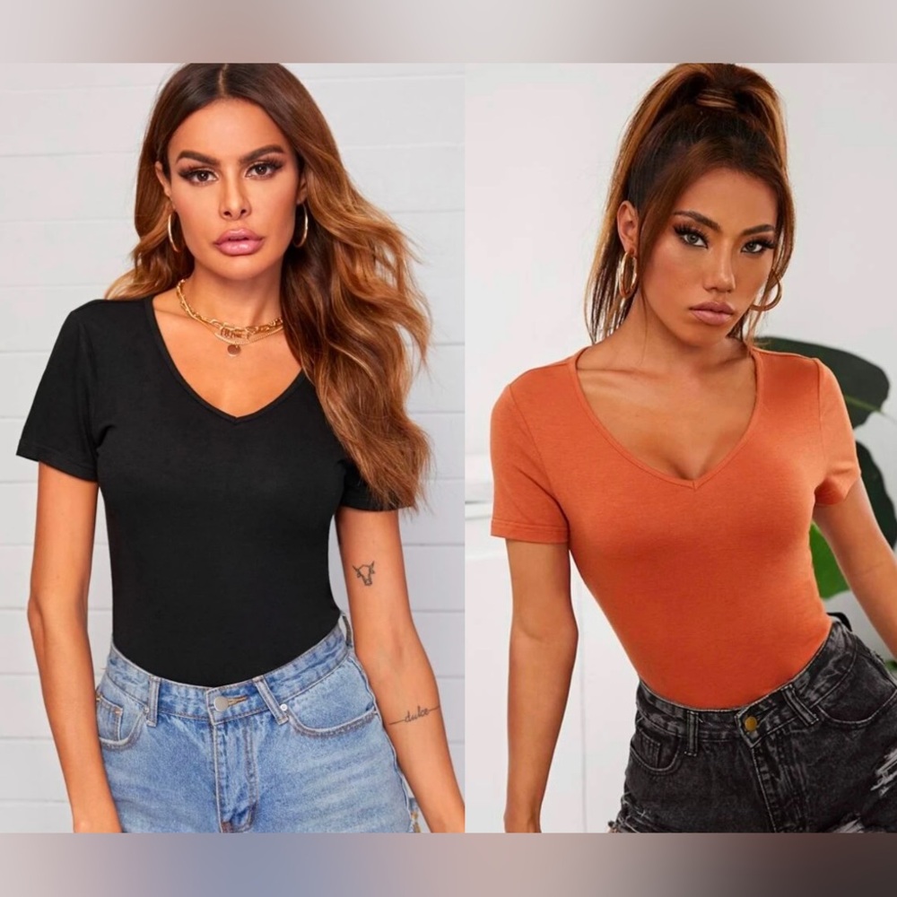 2 Pack Shein V Neck Tees in Burnt Orange & Black Size Small